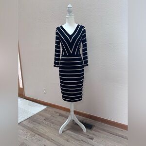 White House Black Market Black White Tan Striped Long Sleeve Dress Size 4